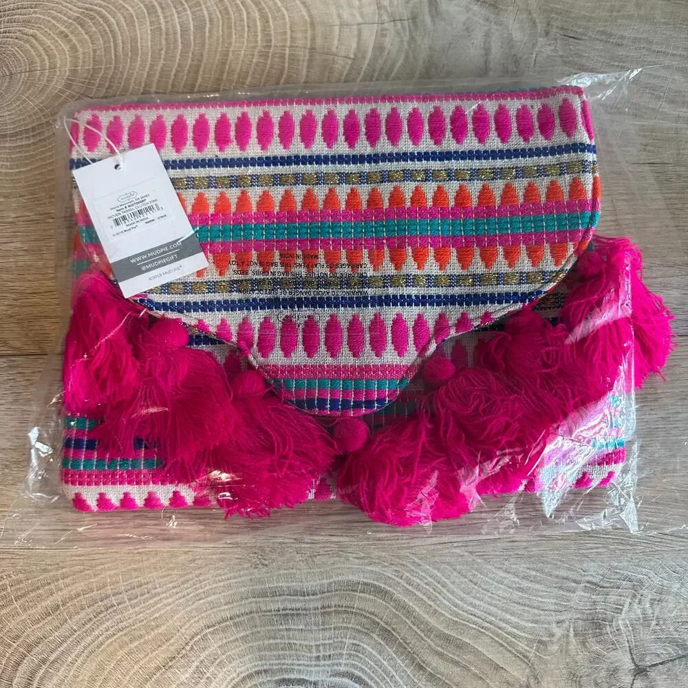 Mud Pie Woven Tassel Pink Clutch Purse NEW